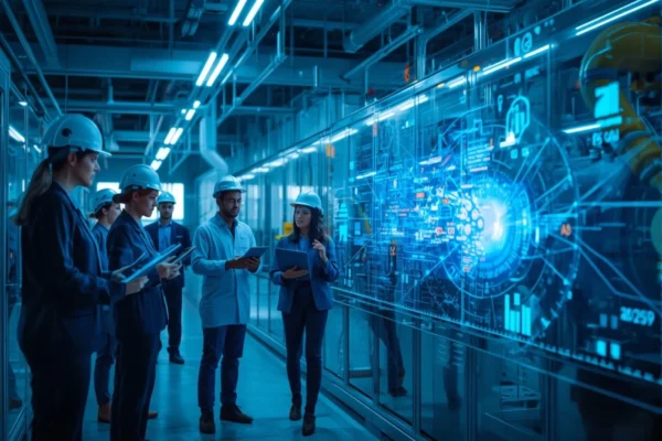 Engineers using digital dashboards and AI tools for Preventative Maintenance for Industrial Facilities in a modern smart factory