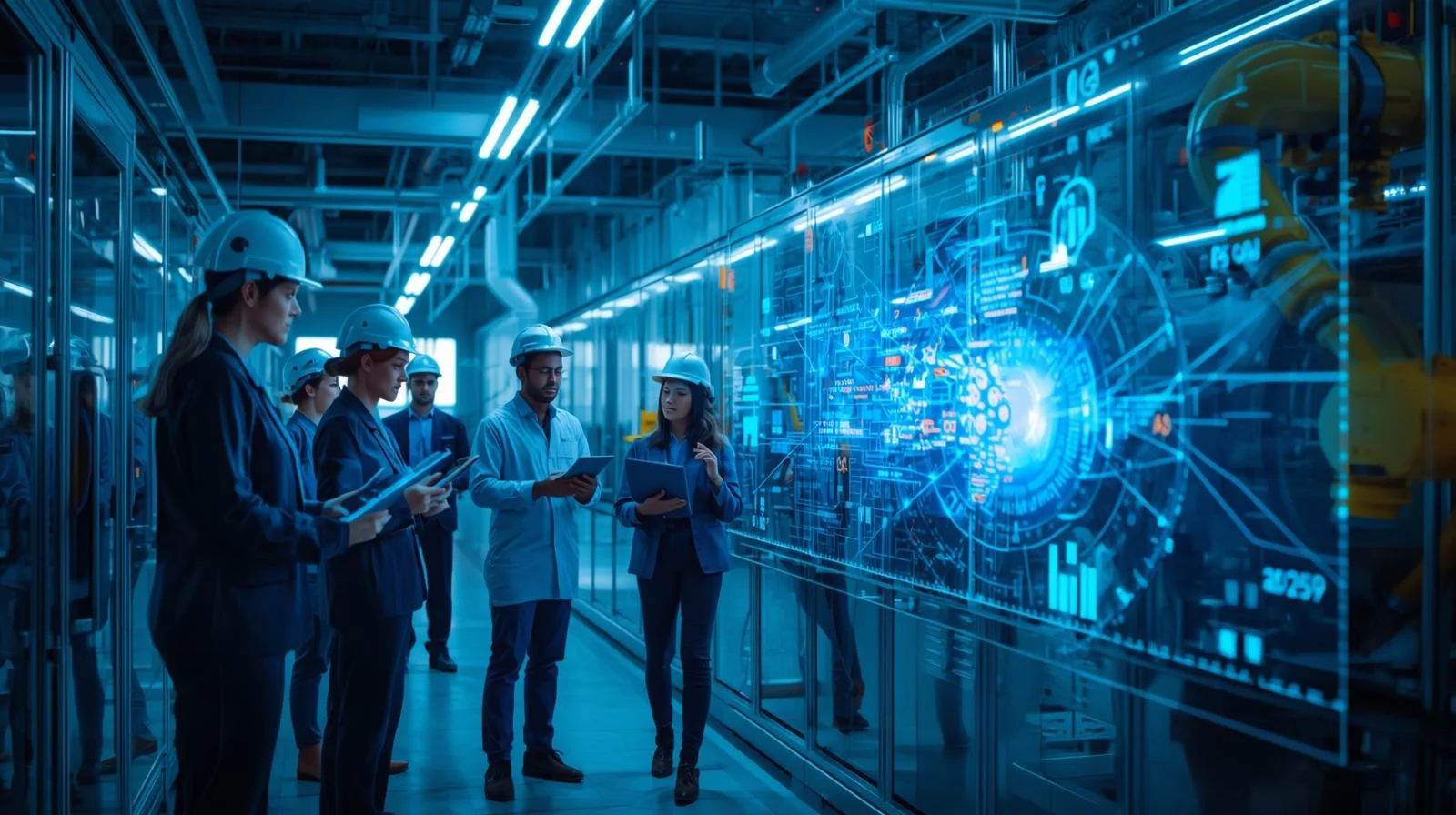 Engineers using digital dashboards and AI tools for Preventative Maintenance for Industrial Facilities in a modern smart factory