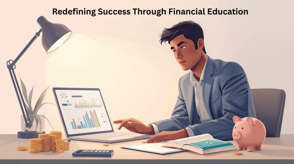 Professional reviewing charts beside laptop and piggy bank, illustrating Redefining Success Through Financial Education.