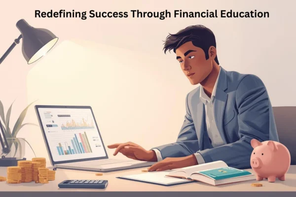 Professional reviewing charts beside laptop and piggy bank, illustrating Redefining Success Through Financial Education.