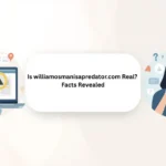 Illustration showing laptop warning and person investigating williamosmanisapredator.com to verify facts and check credibility