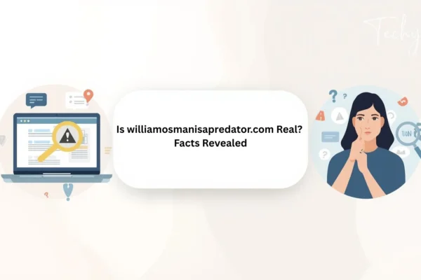 Illustration showing laptop warning and person investigating williamosmanisapredator.com to verify facts and check credibility