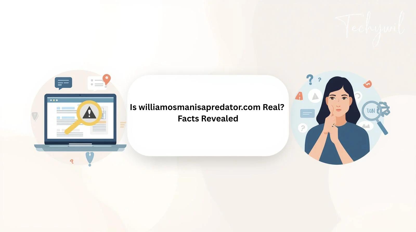 Illustration showing laptop warning and person investigating williamosmanisapredator.com to verify facts and check credibility