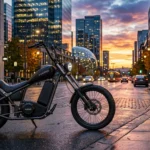 A sleek, matte black electric chopper bike parked on a modern city street at sunset, featuring a low-slung frame and high handlebars. The urban background shows glass buildings and warm streetlights reflecting off the wet pavement under a vibrant orange sky.