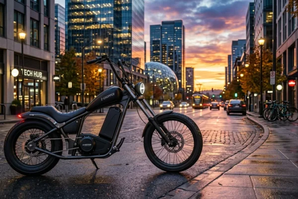 A sleek, matte black electric chopper bike parked on a modern city street at sunset, featuring a low-slung frame and high handlebars. The urban background shows glass buildings and warm streetlights reflecting off the wet pavement under a vibrant orange sky.