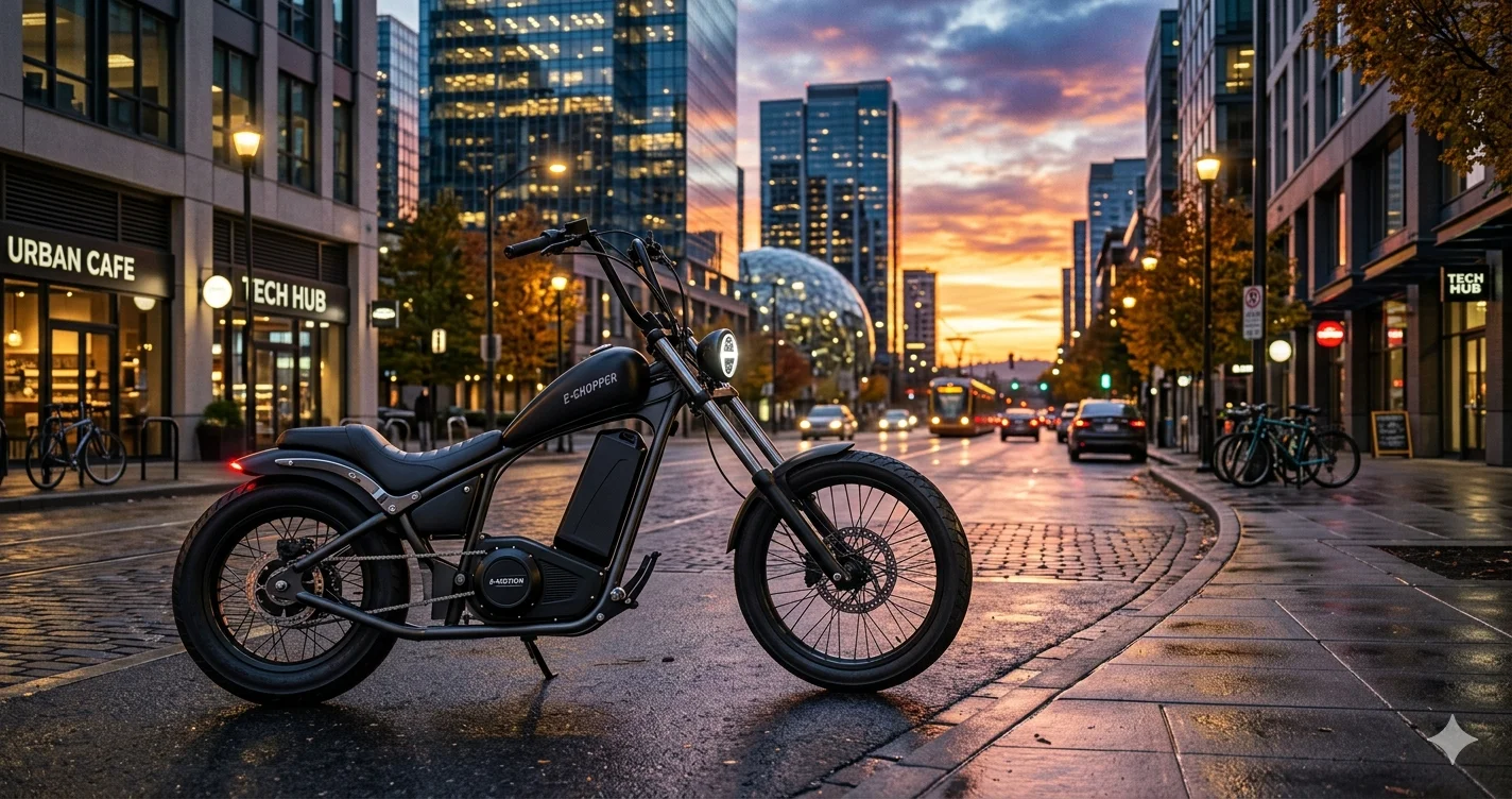 A sleek, matte black electric chopper bike parked on a modern city street at sunset, featuring a low-slung frame and high handlebars. The urban background shows glass buildings and warm streetlights reflecting off the wet pavement under a vibrant orange sky.