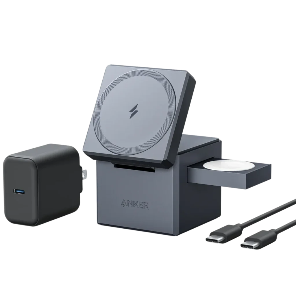 Anker Apple Watch Charger displayed with a USB cable connected to a charging station, ready for use.