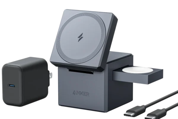 Anker Apple Watch Charger displayed with a USB cable connected to a charging station, ready for use.