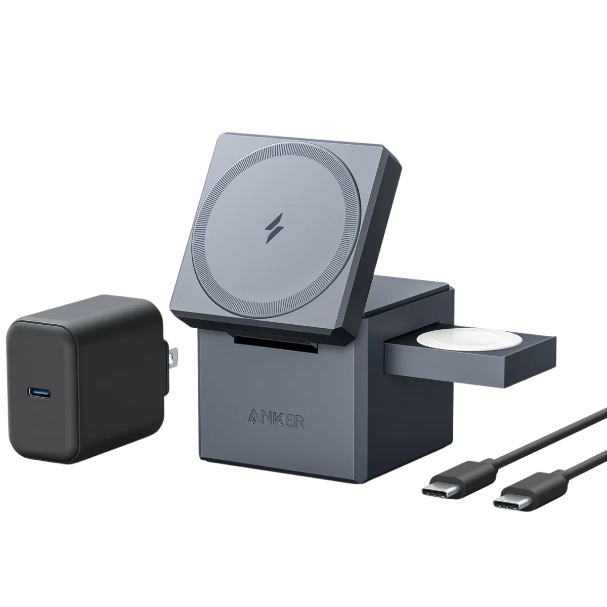 Anker Apple Watch Charger displayed with a USB cable connected to a charging station, ready for use.