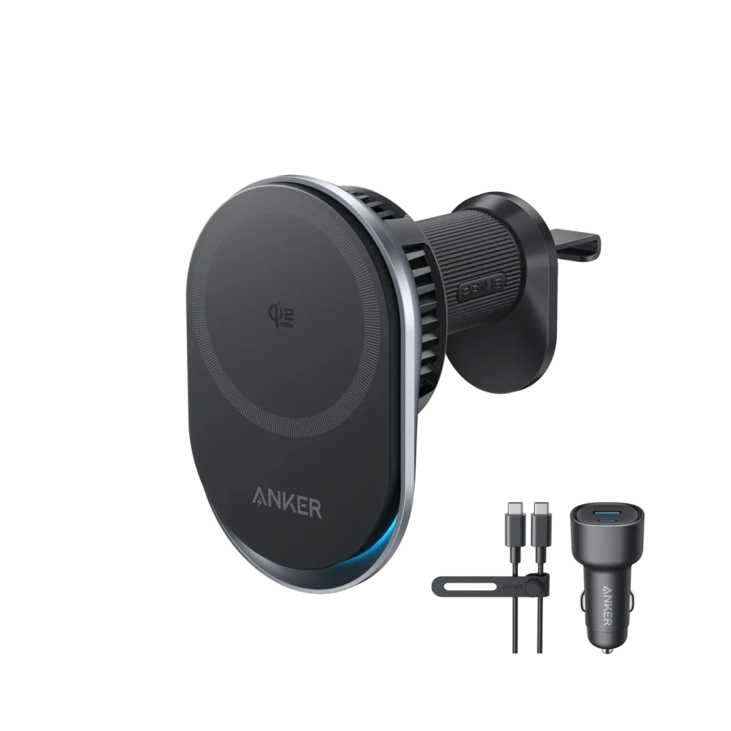 Anker wireless car charger featuring a cable and a car charger for easy mobile device charging while driving.