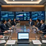 Professional boardroom meeting with investors and tech leaders discussing digital strategy. Screens show financial graphs, AI icons, and city views at night