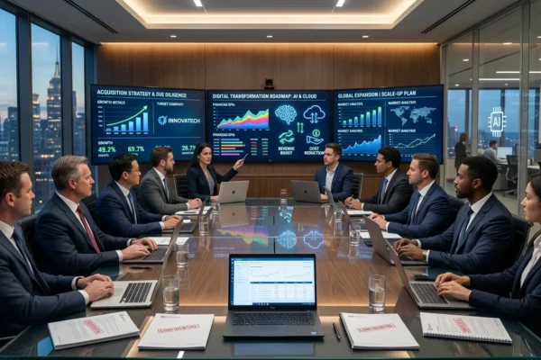 Professional boardroom meeting with investors and tech leaders discussing digital strategy. Screens show financial graphs, AI icons, and city views at night