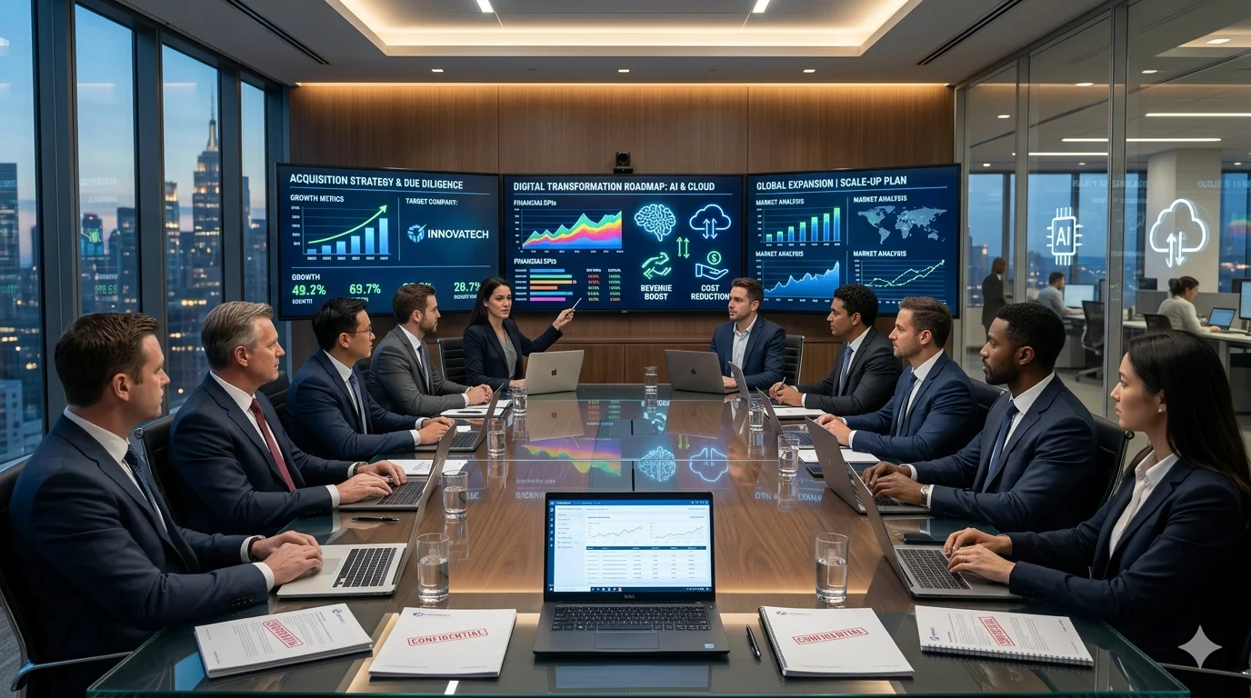 Professional boardroom meeting with investors and tech leaders discussing digital strategy. Screens show financial graphs, AI icons, and city views at night