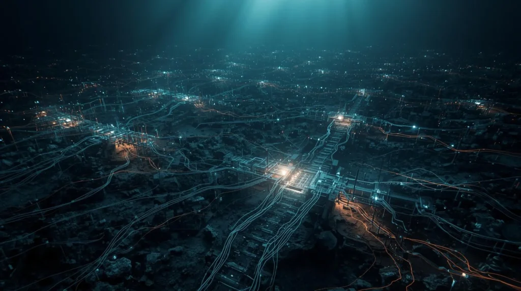 Advanced Cable Systems powering a modern city grid, showing interconnected energy lines across urban infrastructure at night