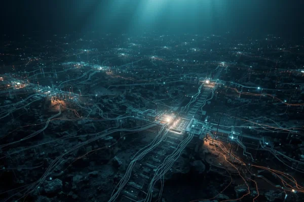 Advanced Cable Systems powering a modern city grid, showing interconnected energy lines across urban infrastructure at night