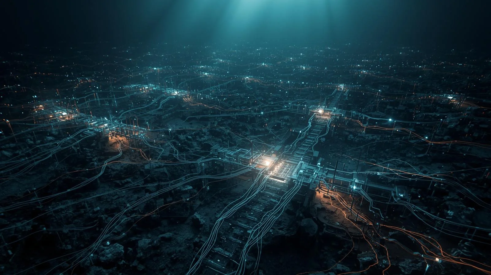 Advanced Cable Systems powering a modern city grid, showing interconnected energy lines across urban infrastructure at night