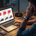 Shopper reviewing shoe deals on laptop during bestshoesevershop scam check for website trust and safe online buying