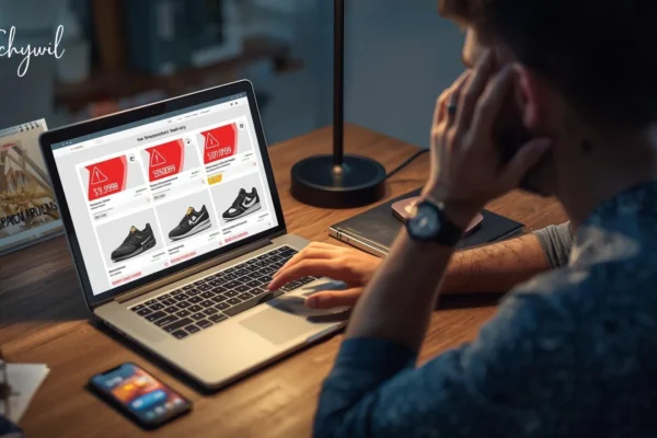 Shopper reviewing shoe deals on laptop during bestshoesevershop scam check for website trust and safe online buying