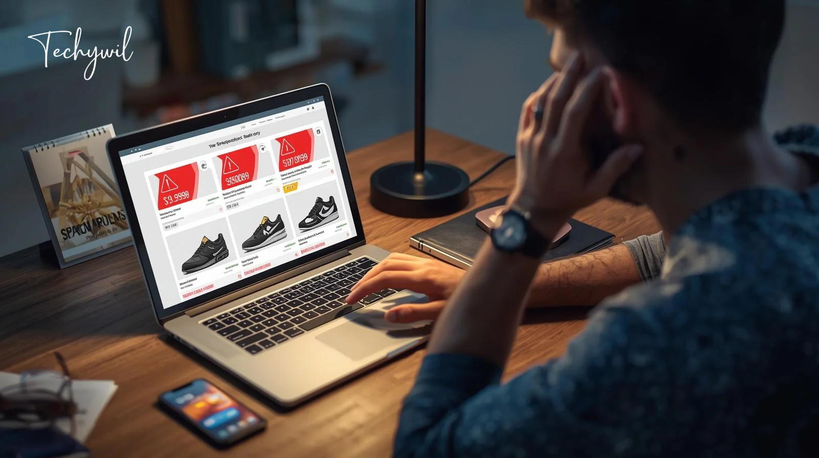 Shopper reviewing shoe deals on laptop during bestshoesevershop scam check for website trust and safe online buying