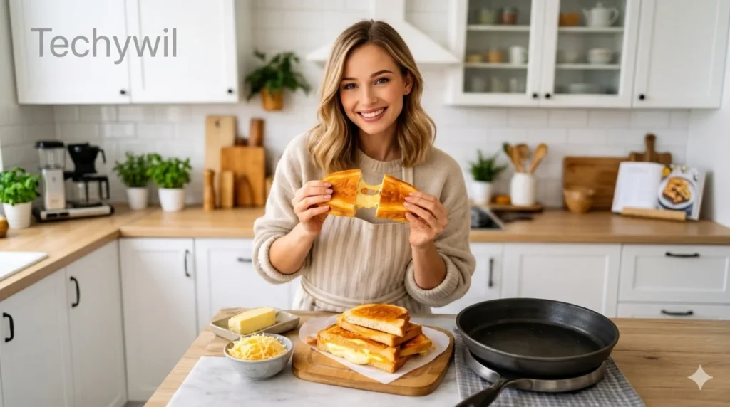 Woman holding a cheesy grilled sandwich in kitchen, inspired by bitni spirs comfort food and burger-style flavors