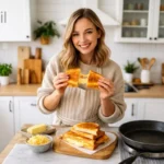 Woman holding a cheesy grilled sandwich in kitchen, inspired by bitni spirs comfort food and burger-style flavors