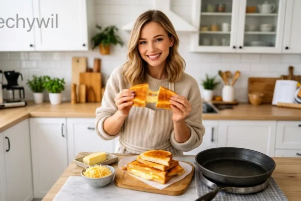 Woman holding a cheesy grilled sandwich in kitchen, inspired by bitni spirs comfort food and burger-style flavors