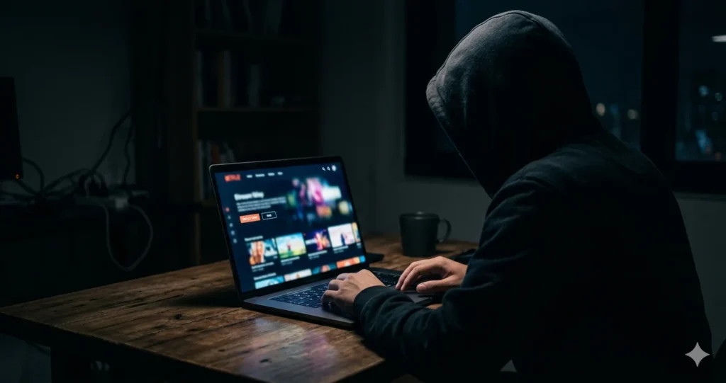 A hooded figure with hands on a laptop keyboard in a dark room. The screen displays a colorful media interface. A coffee cup sits on the wooden desk, and city lights are visible