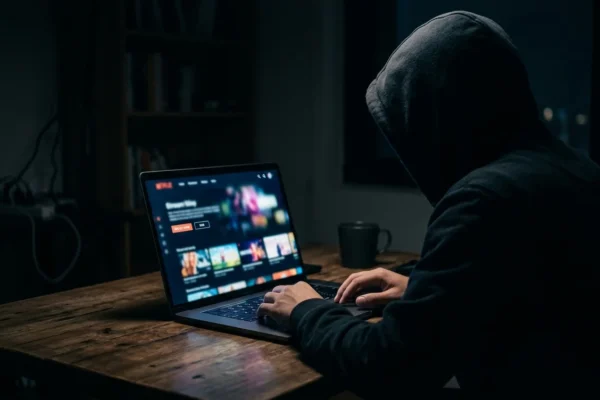 A hooded figure with hands on a laptop keyboard in a dark room. The screen displays a colorful media interface. A coffee cup sits on the wooden desk, and city lights are visible