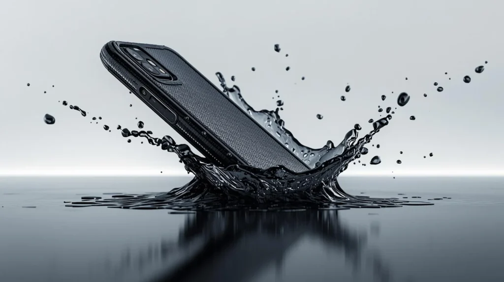 Durable Protective Phone Cases absorbing impact as smartphone splashes into water, showing strong shock and water resistance
