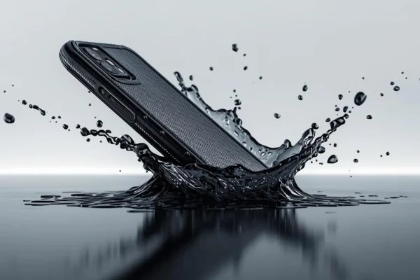Durable Protective Phone Cases absorbing impact as smartphone splashes into water, showing strong shock and water resistance