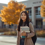 Elaina Pan Monta Vista student walking on high school campus holding books during a bright autumn day