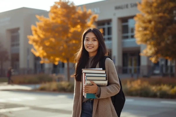 Elaina Pan Monta Vista student walking on high school campus holding books during a bright autumn day
