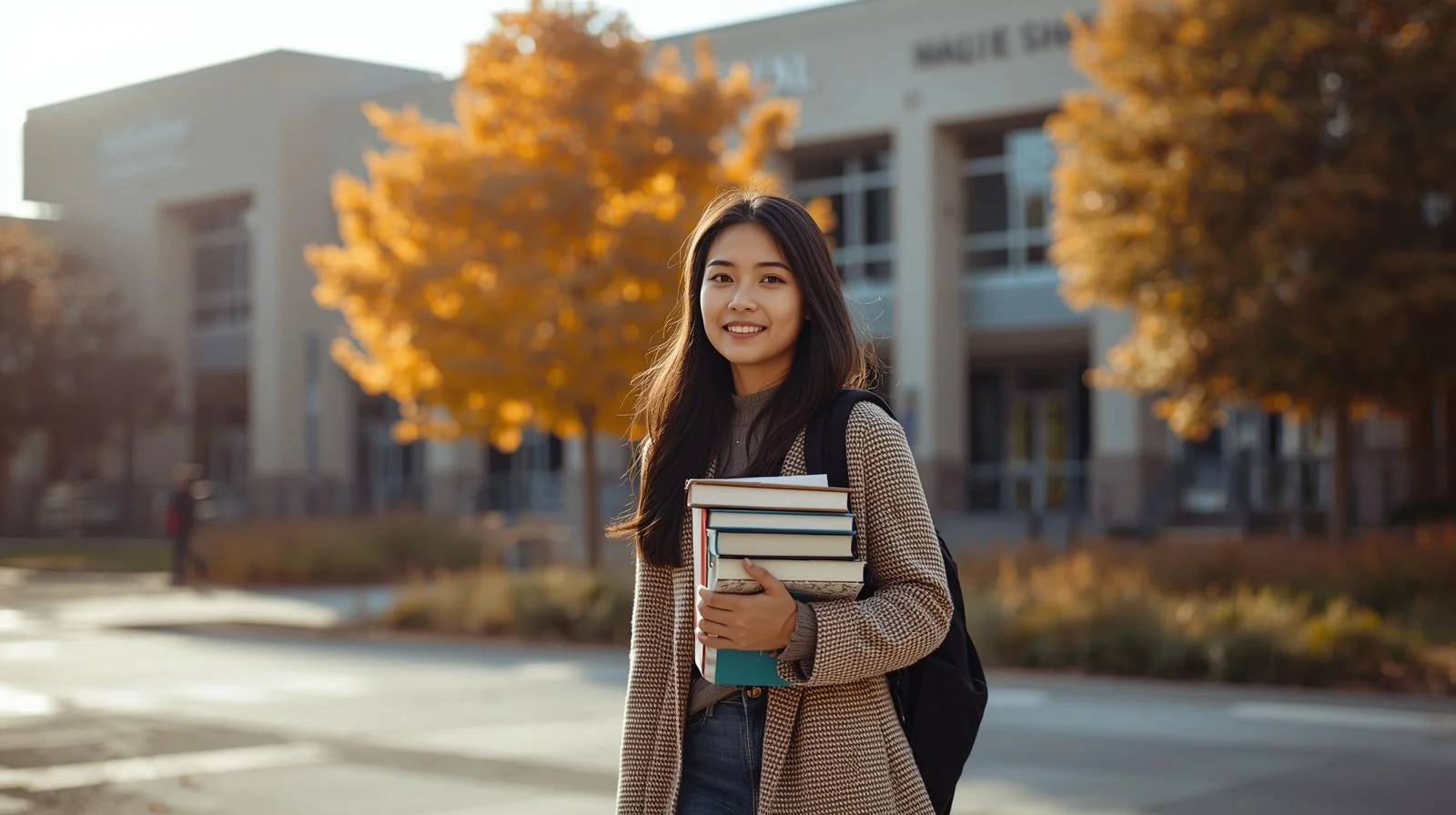 Elaina Pan Monta Vista student walking on high school campus holding books during a bright autumn day