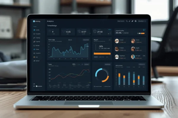 Employee Time Tracking Software dashboard displayed on laptop analyzing productivity, work hours, and team performance metrics