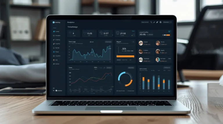 Employee Time Tracking Software dashboard displayed on laptop analyzing productivity, work hours, and team performance metrics