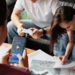 Traveler with luggage using smartphone at airport representing europe eSIM cards for seamless travel connectivity across Europe