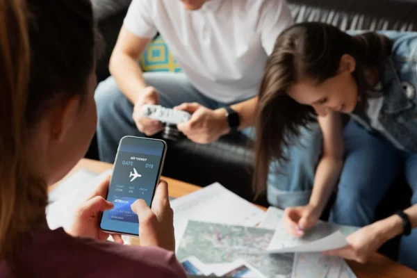 Traveler with luggage using smartphone at airport representing europe eSIM cards for seamless travel connectivity across Europe