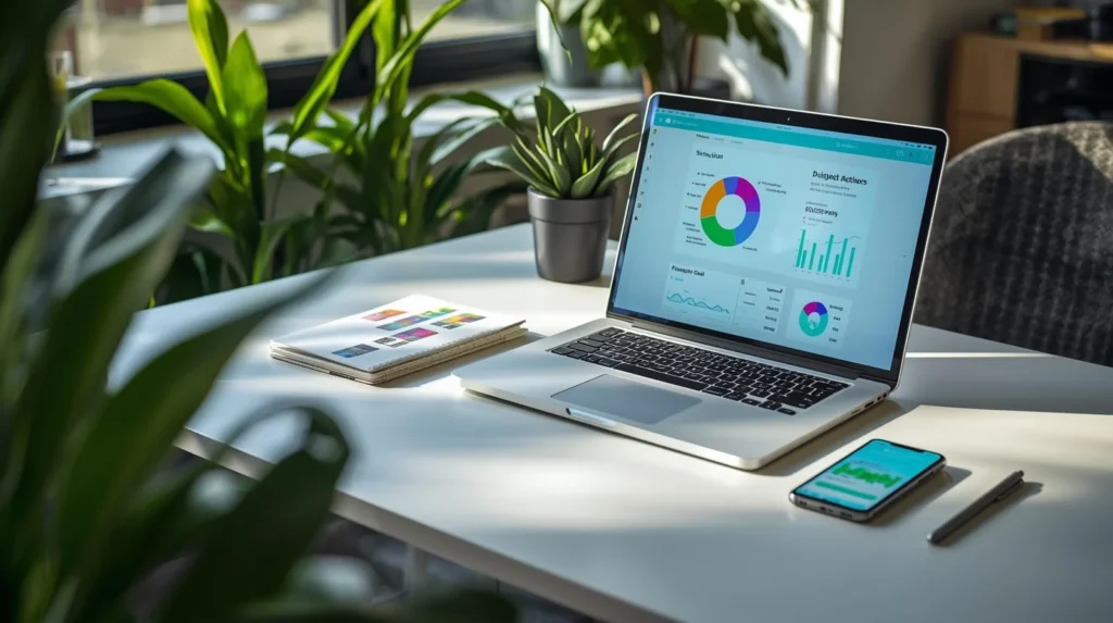 Organized home workspace with laptop and budgeting tools supporting Financial Success through planning and smart money management