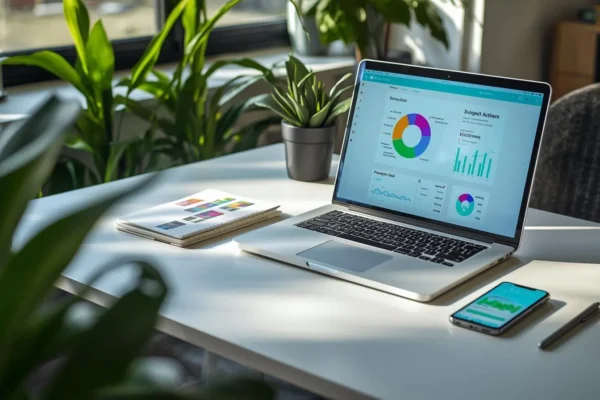 Organized home workspace with laptop and budgeting tools supporting Financial Success through planning and smart money management