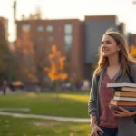 Hailey Chittenden Washington State University student walking on campus holding books during autumn day