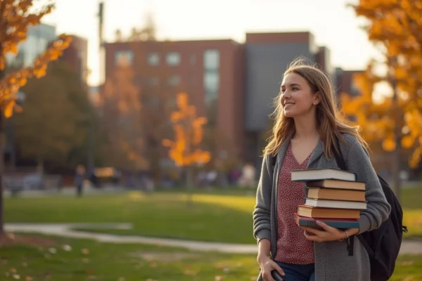 Hailey Chittenden Washington State University student walking on campus holding books during autumn day