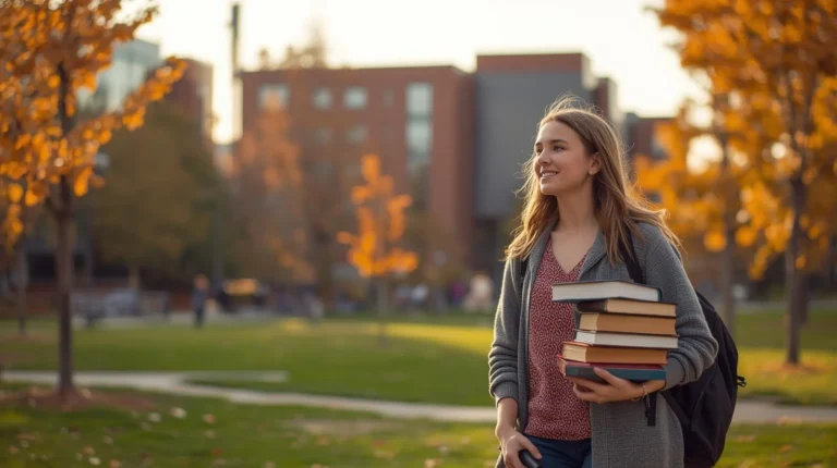 Hailey Chittenden Washington State University student walking on campus holding books during autumn day