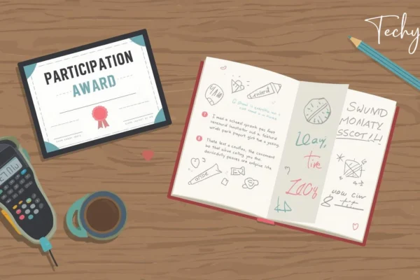 Flat illustration of participation award certificate and diary notebook showing participation award doawk school theme