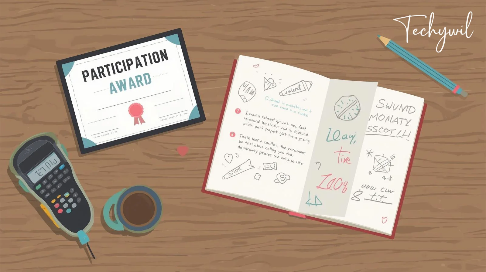 Flat illustration of participation award certificate and diary notebook showing participation award doawk school theme