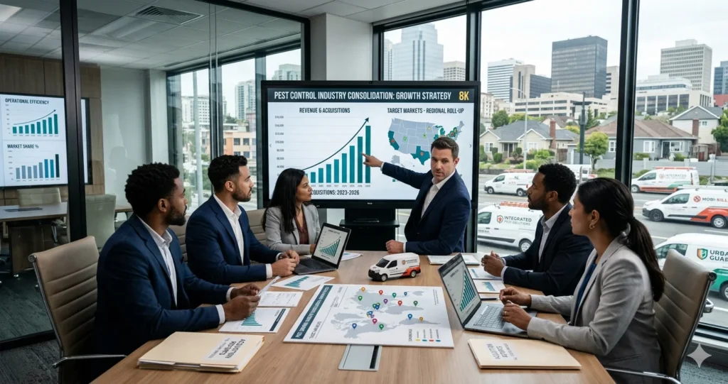 Corporate executives in a modern boardroom with city views analyze growth charts and market maps detailing a pest control industry consolidation roll-up strategy.