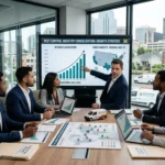 Corporate executives in a modern boardroom with city views analyze growth charts and market maps detailing a pest control industry consolidation roll-up strategy.