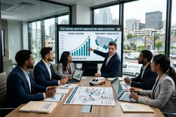 Corporate executives in a modern boardroom with city views analyze growth charts and market maps detailing a pest control industry consolidation roll-up strategy.