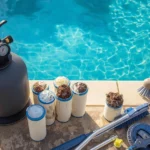 Pool filter system with high pressure gauge and clogged cartridges in backyard swimming pool setup