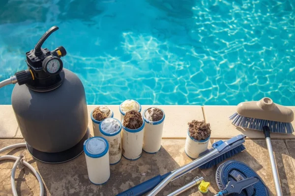 Pool filter system with high pressure gauge and clogged cartridges in backyard swimming pool setup