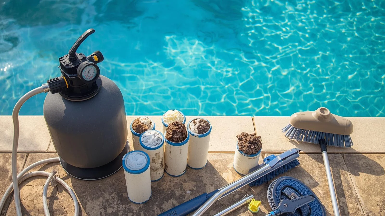 Pool filter system with high pressure gauge and clogged cartridges in backyard swimming pool setup
